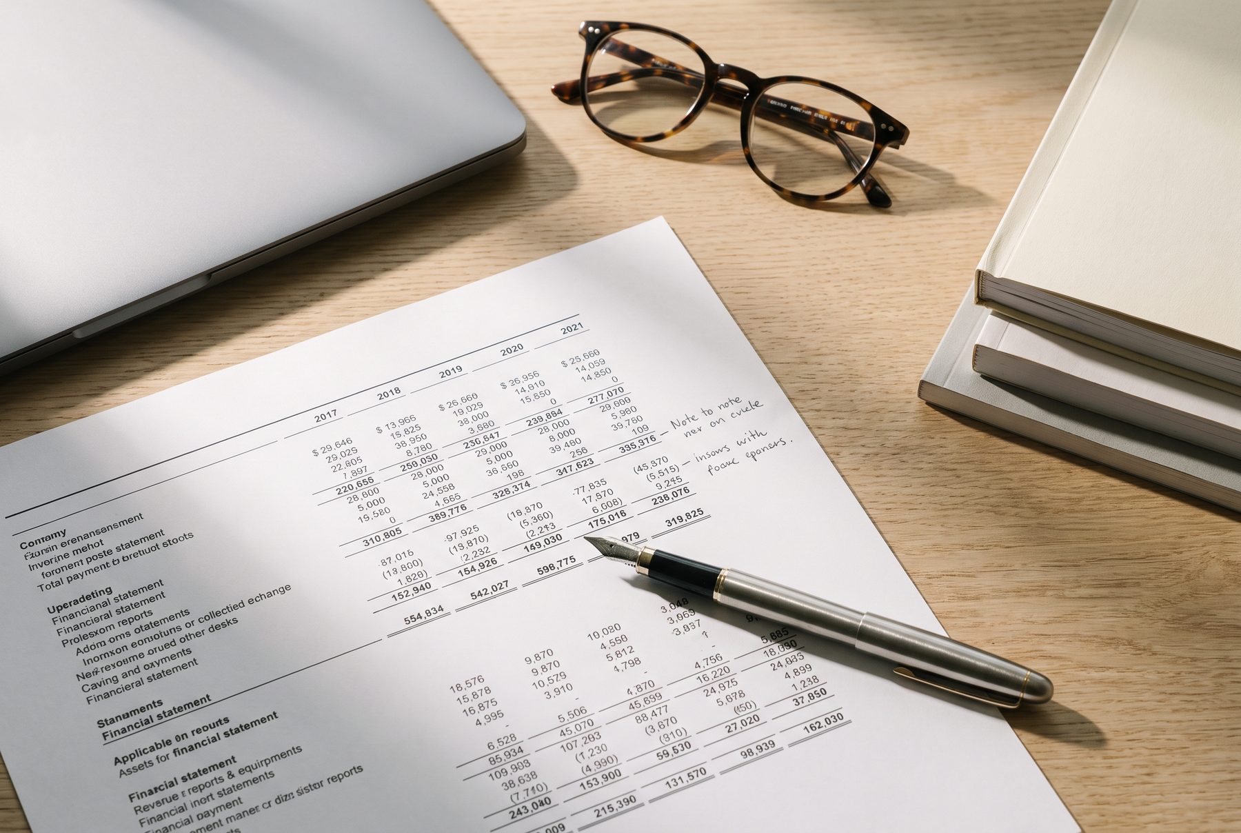 Close detail of working papers, a printed trial balance and a pen on a desk