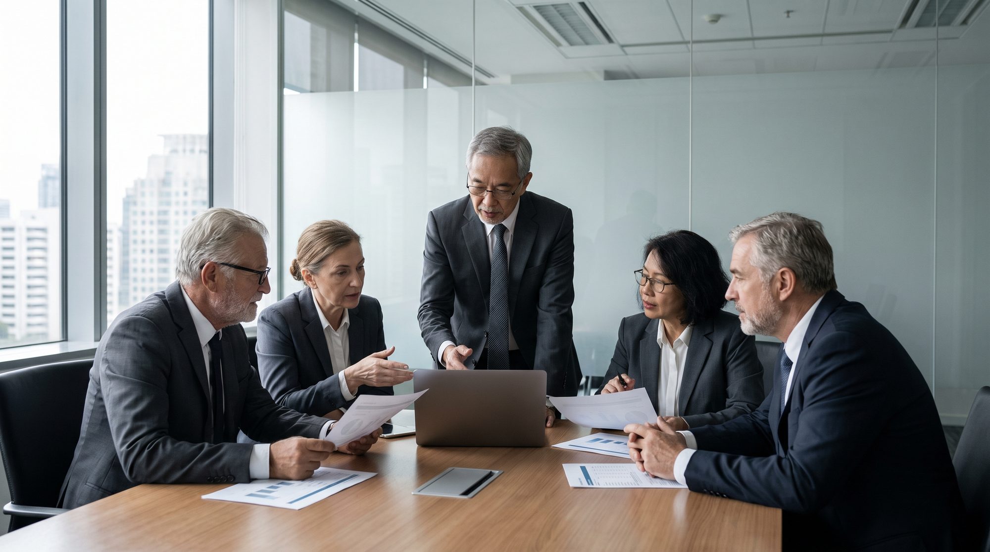 Partners in a boardroom reviewing consolidated group results on a large screen