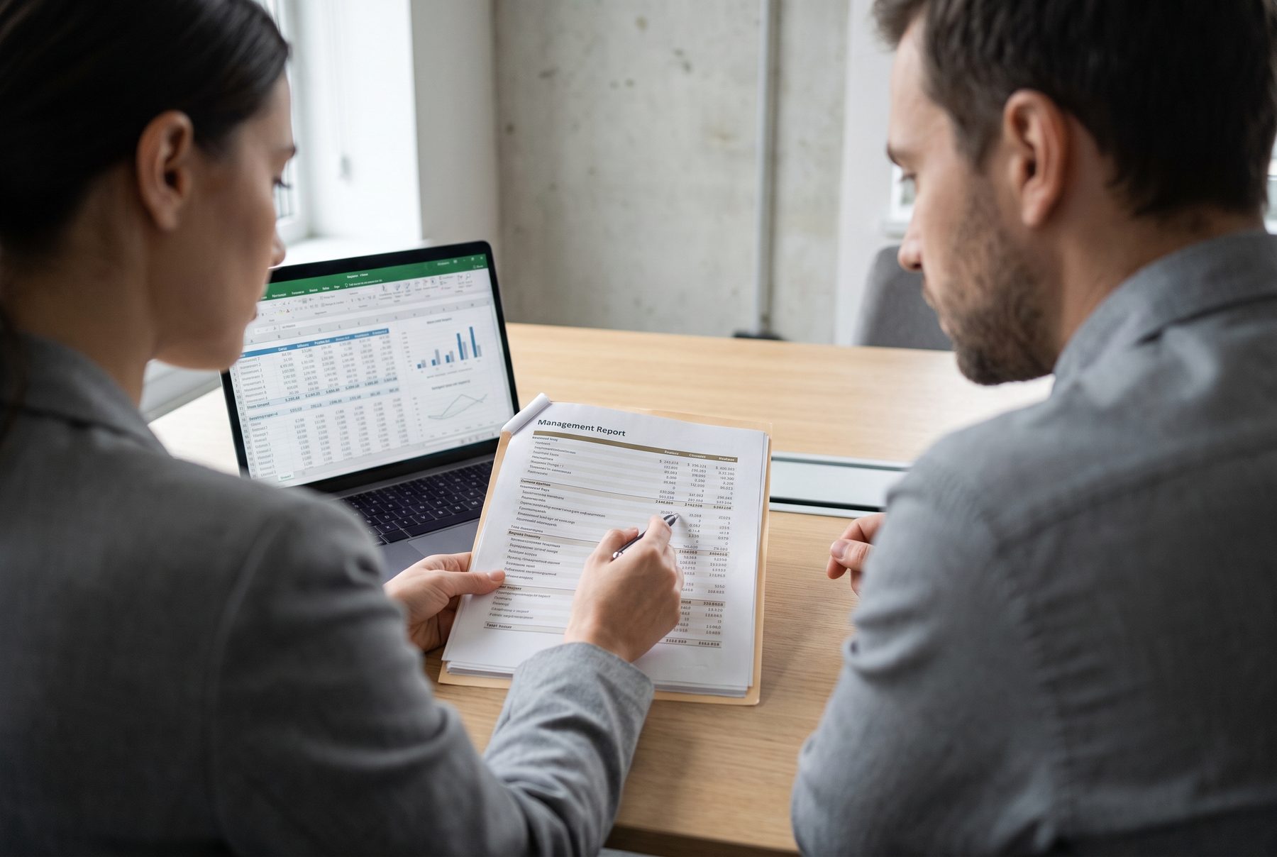 Three GoDigi accountants reviewing a consolidated month-end pack together at a meeting table
